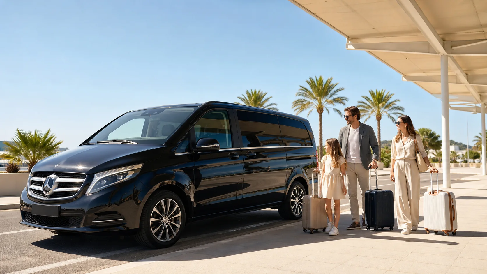 Family with luggage beside a black Mercedes V-Class outside Ibiza Airport