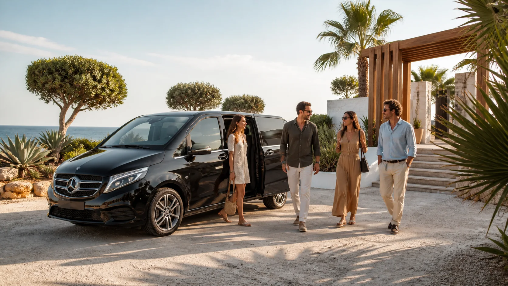 Guests arriving by black Mercedes V-Class at an Ibiza beach club in warm afternoon light